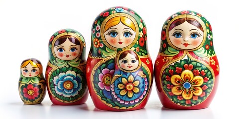 Fototapeta premium Nesting Dolls A Family of Four, Painted with Traditional Floral Patterns, Red, Green, and Gold Colors, Isolated on White, Matryoshka