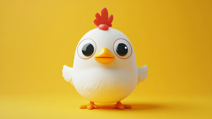 Fototapeta premium Cute cartoon chicken with big eyes, white feathers, and a red comb standing on a bright yellow background with copy space, children's media, educational content, and playful marketing campaigns