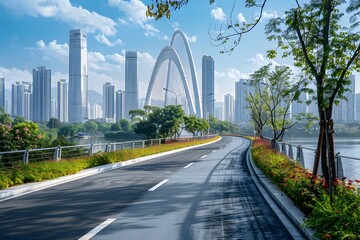 Fototapeta premium Scenic Urban Landscape with Modern Architecture and Serene Roadway