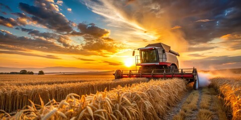 Fototapeta premium Harvesting Wheat at Sunset Combine Harvester in Golden Field, Agriculture, Farming, Machinery