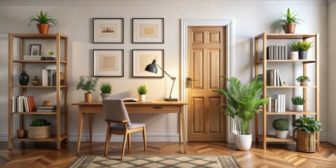 Home Office Design with Wooden Accents and Plants, Desk, Bookshelves, Interior Design, Home Decor, Minimalist Style