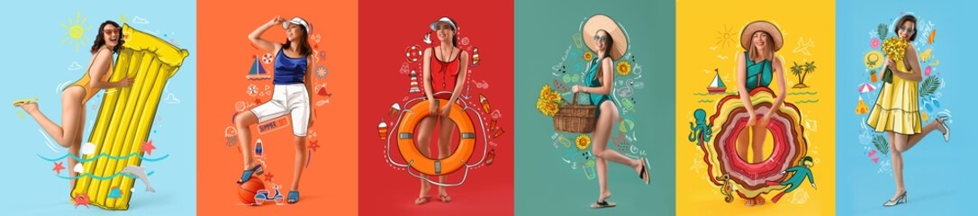 Collage of stylish women on color background. Summer concept