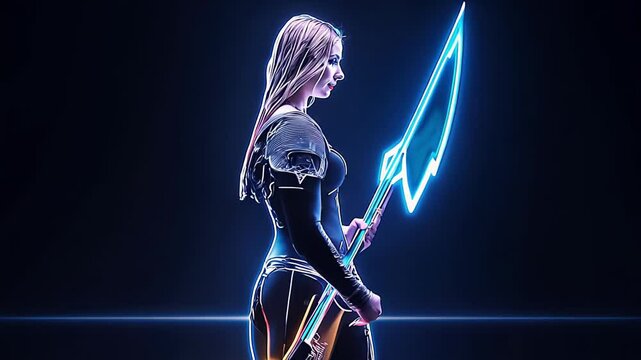 Futuristic Female warrior in futuristic armor holding a glowing spear in a dark neon-lit environment. Concept of strong female character, futuristic combat, neon lights, fantasy warrior, Battle Gear