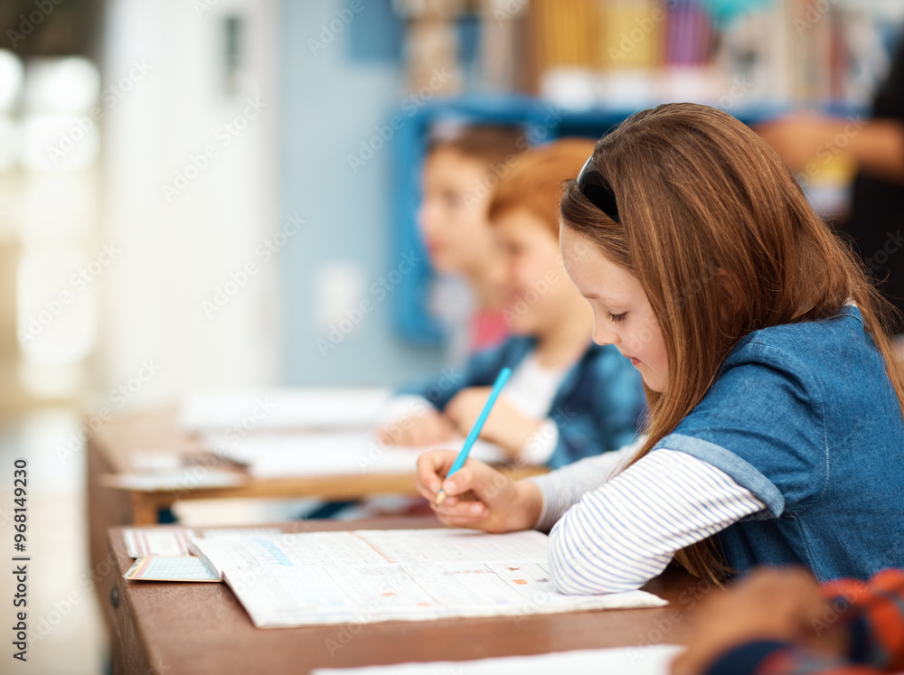 Poster school, kids and girl in classroom with writing for growth, child development and notebook for educa