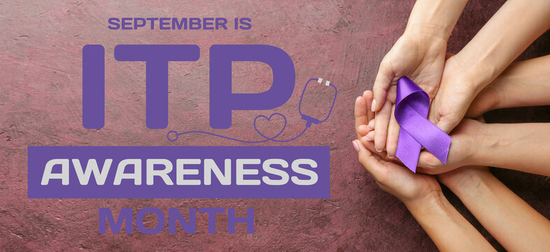 Female hands with purple ribbon as symbol of World Cancer Day on color background