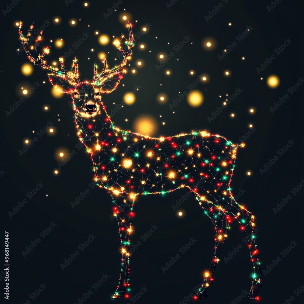 Wall mural A glowing deer outlined with colorful lights against a dark background.