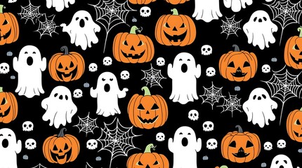 Seamless Halloween pattern with orange pumpkins, white ghosts, spider webs, skulls and cats on a black background.
