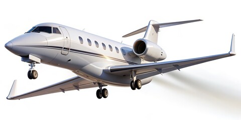 Naklejka premium Private Jet Landing, 3D Render, White Background, Airplane, Aviation, Travel, Transportation