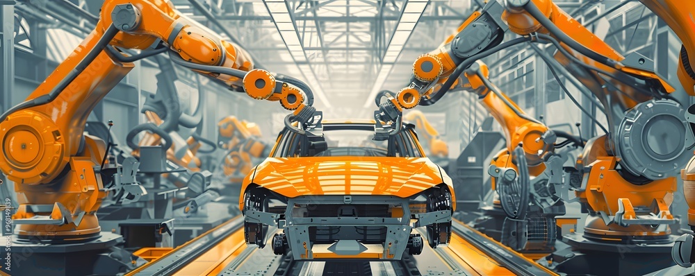 Poster futuristic factory scene featuring robotic arms assembling a car in an industrial setting with moder