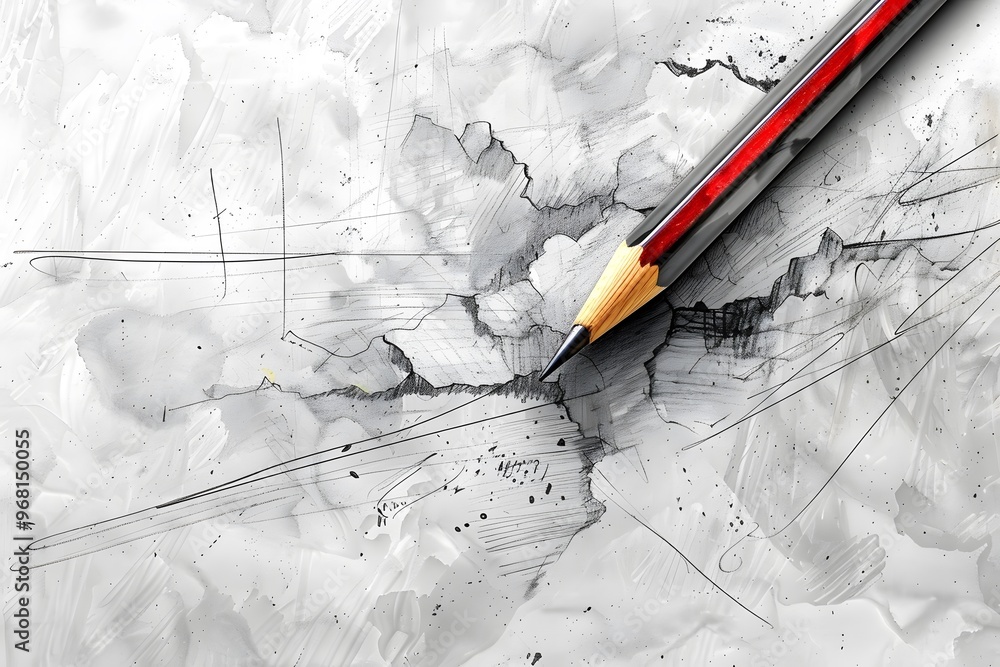 Poster artistic pencil drawing on textured paper with abstract lines and shading