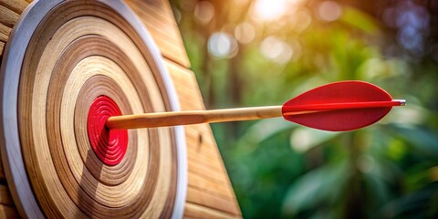 Red Arrow Hitting the Bullseye on a Wooden Target, target, archery, bullseye
