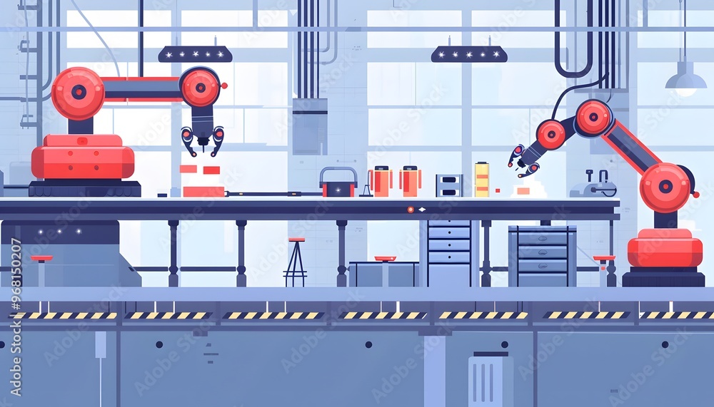 Poster modern industrial workspace featuring robotic arms efficiently handling various items on a conveyor 