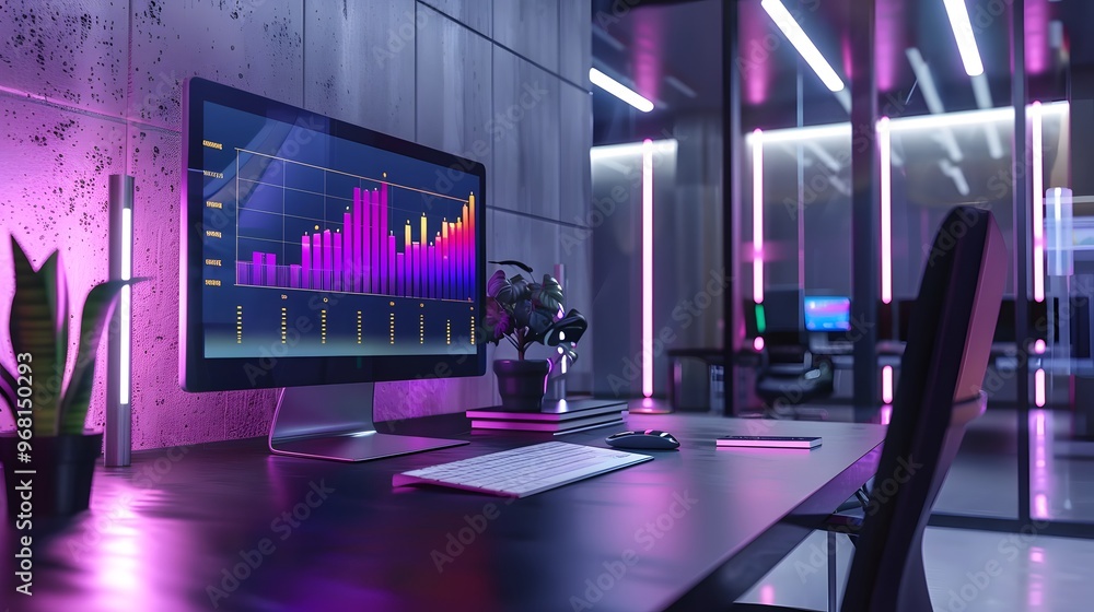 Poster Modern workspace with vibrant lighting and a desktop displaying data charts for analytics and business insights.