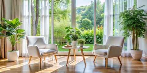 Living Room Interior with Two White Armchairs and a Window View, Interior Design, Living Room, Modern Home, Natural Light