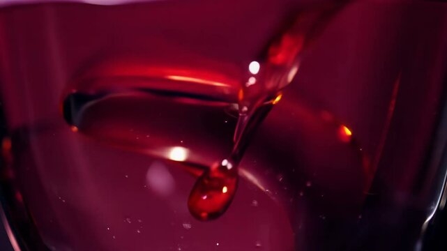 A deep red liquid is elegantly swirling in a glass, creating mesmerizing patterns as light dances on its surface. The atmosphere feels warm and inviting, perfect for a relaxing moment.