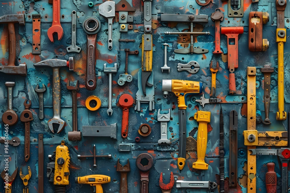 Poster a colorful array of tools on a rustic background