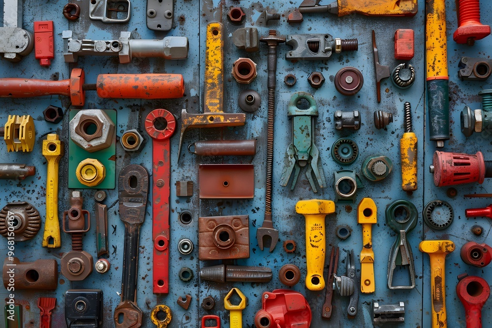 Poster a colorful array of vintage tools displayed on a blue background