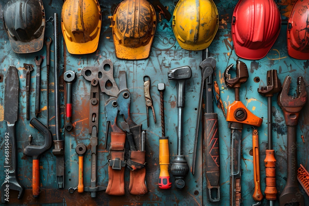 Poster a colorful array of tools and hard hats on a rustic background