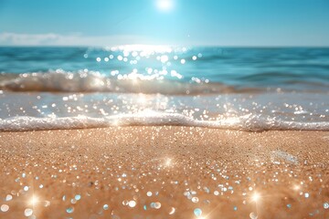 Fototapeta na wymiar Tranquil Beach Scene with Sparkling Waves and Sunlit Sand