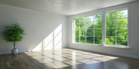 Fototapeta premium Minimalist Room with Window View, White Wall, Wooden Floor, Sunlight, Green Trees, Interior Design, Minimalist Interior