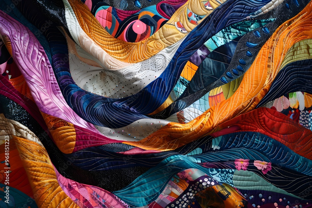 Poster Vibrant Waves of Color: A Stunning Quilt Displaying Intricate Patterns and Textures