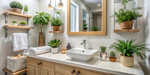 Modern Bathroom with Plants and Wooden Shelves, bathroom decor, interior design, home design bathroom, plants