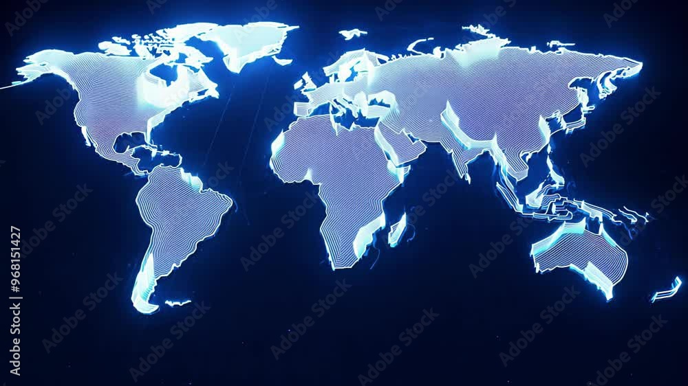Poster neon glowing world map in dark space background featuring abstract lines and vibrant colors. digital