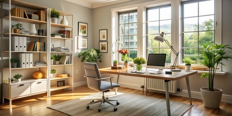 Modern Home Office with Natural Light and Stylish Decor, home office design, interior design, office space