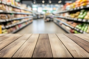 A vintage wooden table on a terrace deck surrounded store background Shopping in a supermarket Empty wood table with a blurred supermarket background, ideal for display


