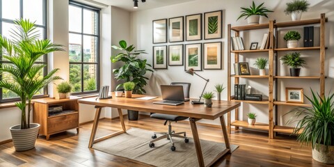 Modern Home Office with Wooden Desk and Plants, natural light, green, wood, home office