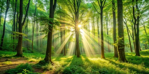 Obraz premium Sunbeams Through Forest Canopy, Sunlight, Woodland, Nature