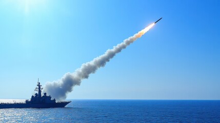 Military vessel launches missile during training exercise over calm ocean waters at dawn
