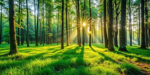 Obraz premium Sunbeams Through the Trees, Lush Forest, Sunrays, Green Landscape, Nature Photography, Forest, Sun