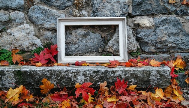 White Picture Frame Against a Stone Wall With Autumn Leaves