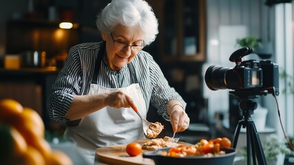 Old lady food blogger cooking a cake and filming himself with a camera on a tripod. Food blogging and content creation in the kitchen.