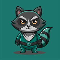 A cartoon raccoon wearing a green suit and a blue belt