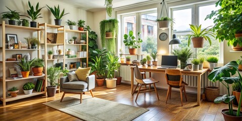 Sunlit Home Office With Lush Greenery and Wooden Furniture, Home Decor, Interior Design, Plants