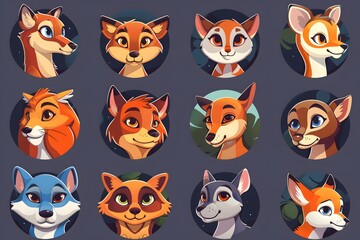 Fototapeta premium Colorful Collection of Cartoon Animal Faces in Circular Frames