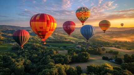 Fototapeta premium Colorful hot air balloons soaring over a scenic landscape at sunrise.