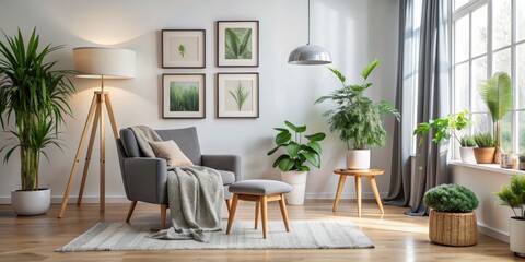 Fototapeta premium Modern Living Room with Grey Armchair and Green Plants, Floor Lamp, and Pendant Light, Home Decor, Minimalist Style, Interior Design, Living Room