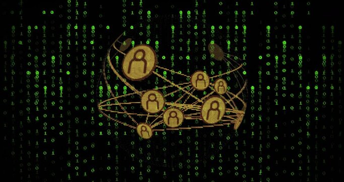 Animation of network of connections with icons over binary coding