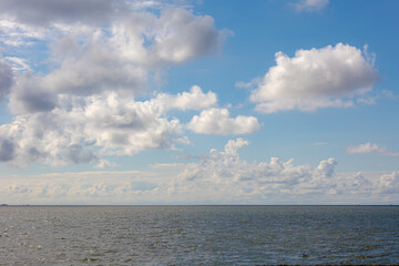 Fototapeta premium Summer landscape, Dutch coastal under blue sky and white clouds, The north sea part of the Atlantic Ocean between Britain, Belgium, the Netherlands, Germany, Scandinavia and France, Nature background.