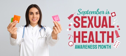 Banner for Sexual Health Awareness Month with doctor holding condoms