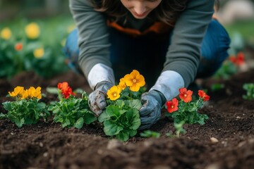 Fototapeta premium A woman plants colorful flowers in her garden in spring