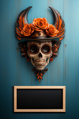 a horned sugar skull with orange roses atop a blackboard mounted on a teal wooden wall. Day of the Dead themes with gothic influences,for Halloween and autumn celebrations.Mockup,template,copy space