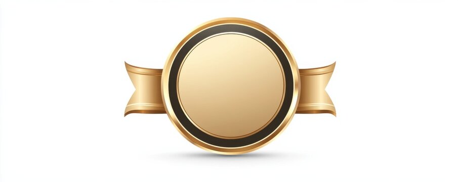 Elegant gold circular badge with ribbon on a white background symbolizes achievement and quality