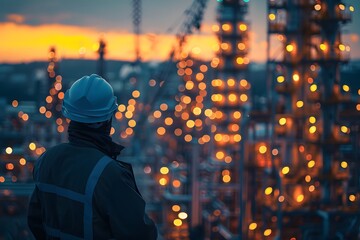 A Worker Overlooks a Vibrant Industrial Landscape at Dusk