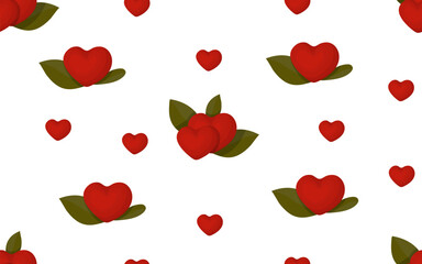 Bright seamless pattern of three-dimensional red hearts scattered on a white background, perfect for decoration or design.