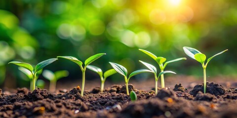 New Life Sprouts A Macro Perspective of Seven Green Seedlings Emerging from Rich Soil with a Soft Focus Green and Yellow Bokeh Background, Nature, Growth, New Beginning ,seedlings, spring, nature