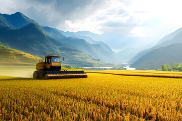 Combine harvester working in golden rice field